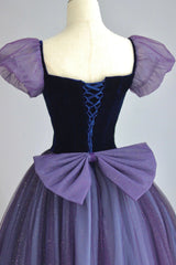 Black Formal Dress, Purple Tulle Long Prom Dress with Velvet, Cute A-Line Short Sleeve Evening Dress