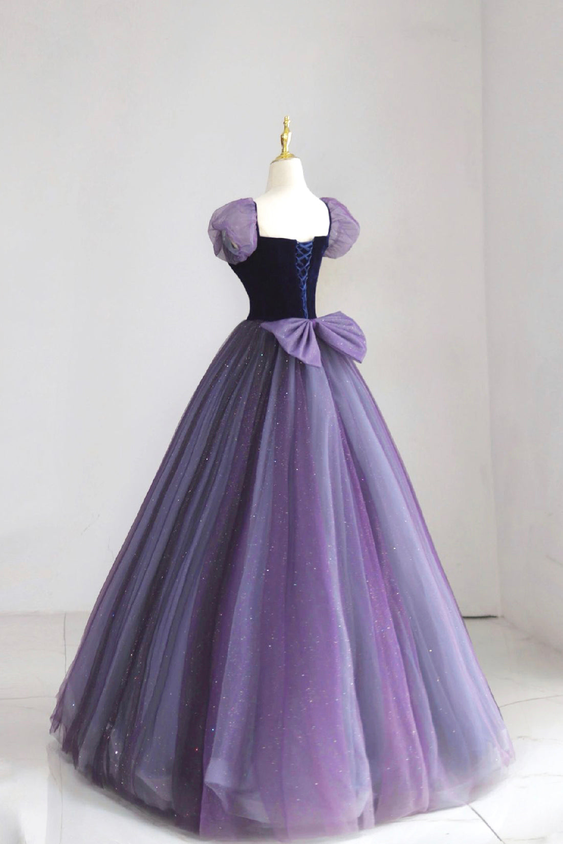 Long Sleeve Prom Dress, Purple Tulle Long Prom Dress with Velvet, Cute A-Line Short Sleeve Evening Dress