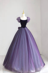 Prom Dress Blue, Purple Tulle Long Prom Dress with Velvet, Cute A-Line Short Sleeve Evening Dress