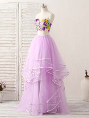 Prom Dresses Casual, Purple Two Pieces Applique Tulle Long Prom Dress Purple Evening Dress