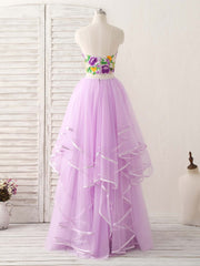 Prom Dresses Elegant, Purple Two Pieces Applique Tulle Long Prom Dress Purple Evening Dress