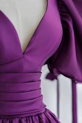 Evening Dresses Short, Purple V-Neck Satin Long Formal Evening Dress, A-Line Puff Sleeve Party Dress