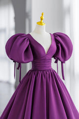 Evening Dresses Boutique, Purple V-Neck Satin Long Formal Evening Dress, A-Line Puff Sleeve Party Dress