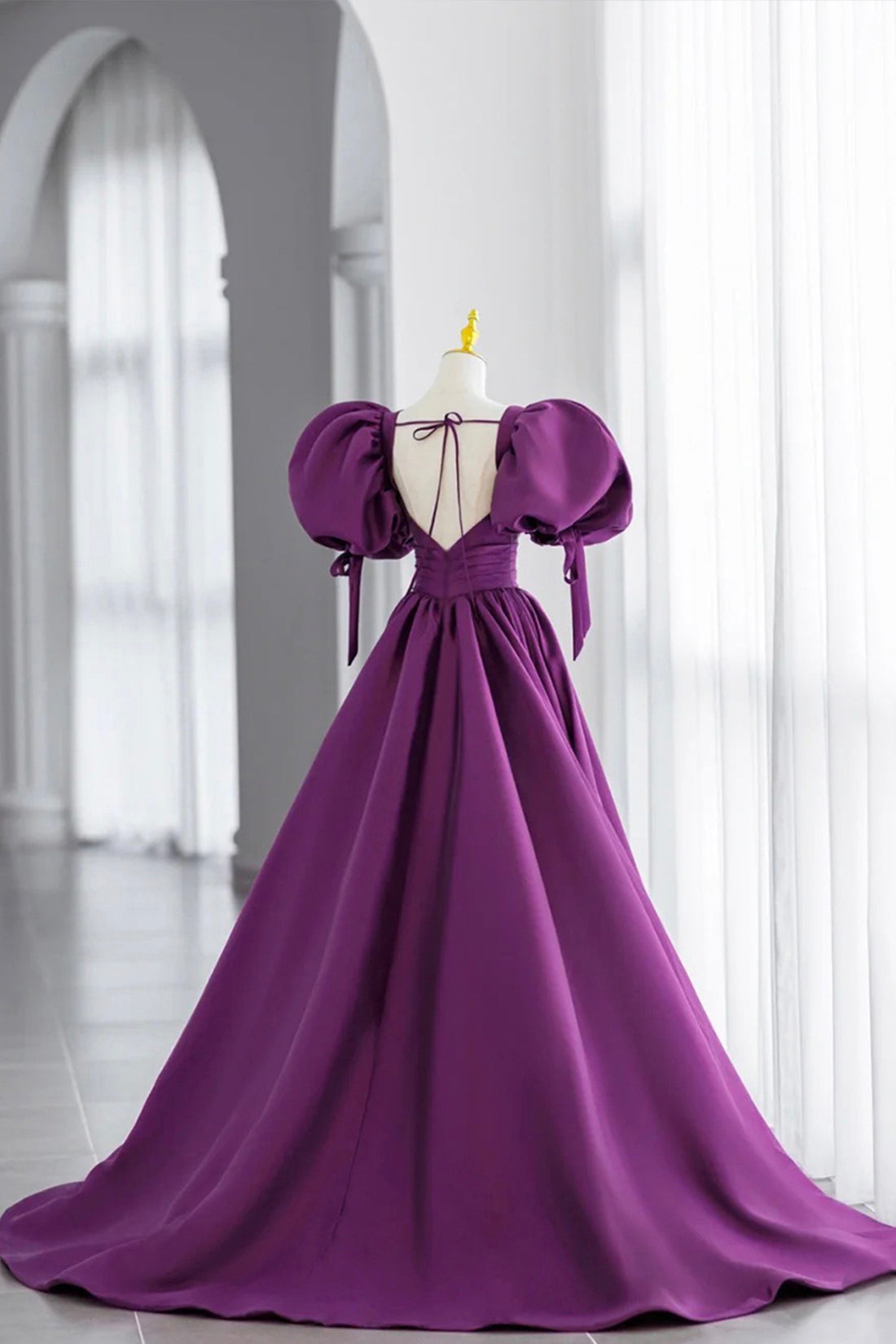 Evening Dresses Elegant, Purple V-Neck Satin Long Formal Evening Dress, A-Line Puff Sleeve Party Dress
