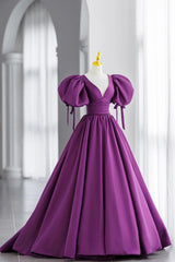 Evening Dresses Store, Purple V-Neck Satin Long Formal Evening Dress, A-Line Puff Sleeve Party Dress