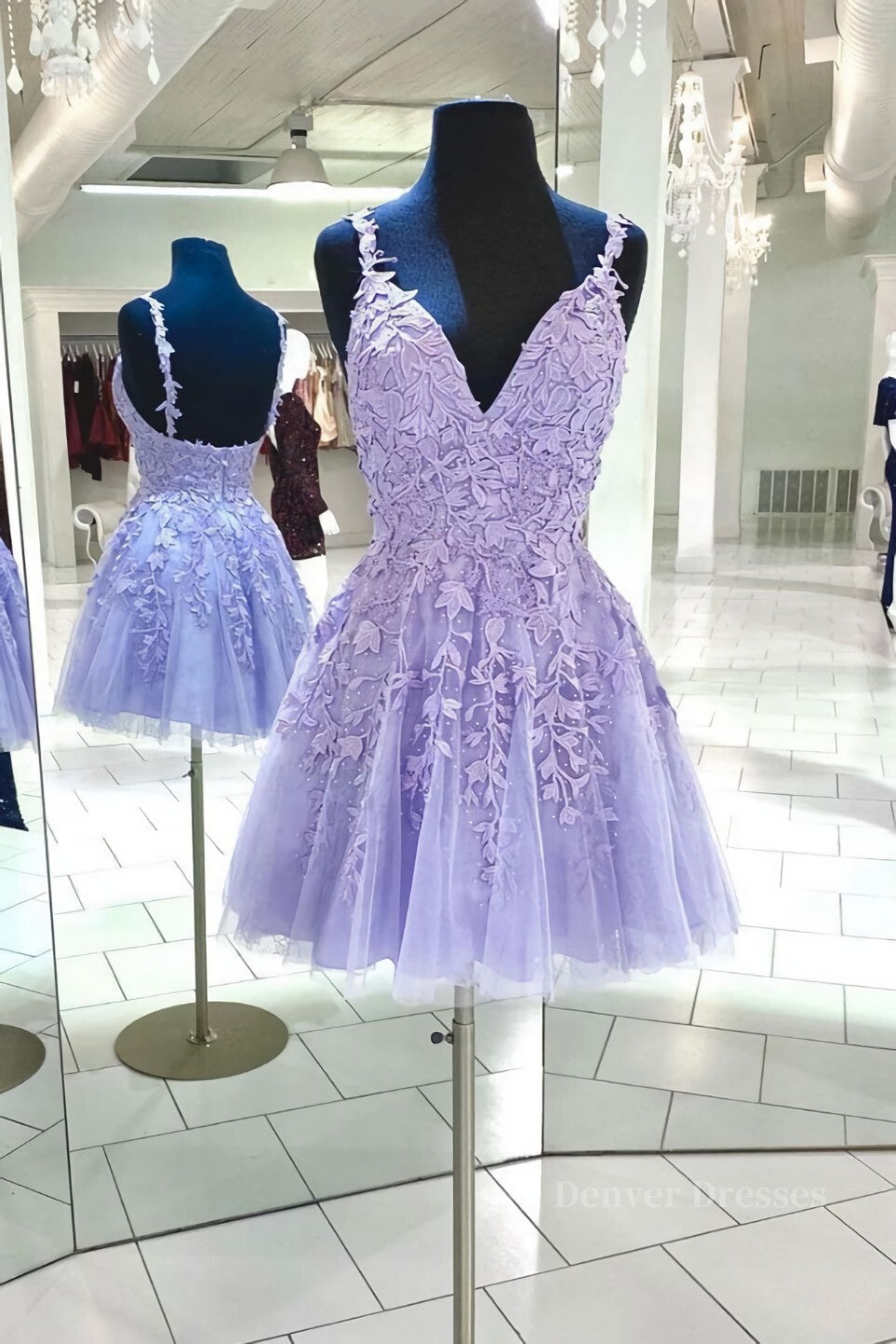 Formal Dresses To Wear To A Wedding, Purple v neck tulle lace short prom dress lace cocktail dress