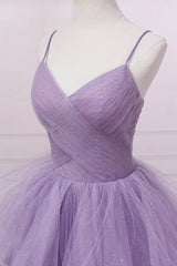 Prom Dress Piece, Purple V-Neck Tulle Long Prom Dress, Spaghetti Straps A-Line Evening Dress