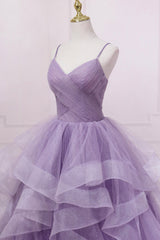 Prom Dresses Pieces, Purple V-Neck Tulle Long Prom Dress, Spaghetti Straps A-Line Evening Dress