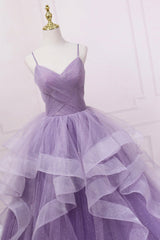 Prom Dresses For Short People, Purple V-Neck Tulle Long Prom Dress, Spaghetti Straps A-Line Evening Dress