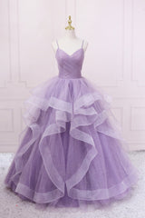 Prom Dresses Piece, Purple V-Neck Tulle Long Prom Dress, Spaghetti Straps A-Line Evening Dress