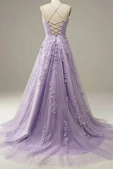 Black Bridesmaid Dress, Light Purple Lace Applique A Line Spaghetti Straps Prom Dress Evening Gown
