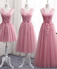 Bridesmaid Dresses Color Schemes, Pink Round Neck Lace Tulle Prom Dress, Lace Evening Dresses