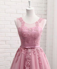 Bridesmaids Dresses Color Schemes, Pink Round Neck Lace Tulle Prom Dress, Lace Evening Dresses