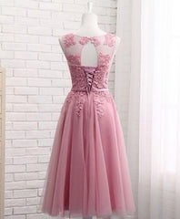 Bridesmaid Dresses Color Scheme, Pink Round Neck Lace Tulle Prom Dress, Lace Evening Dresses