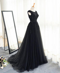 Evening Dress Petite, Black A Line Tulle Lace Long Prom Dress, Evening Dress
