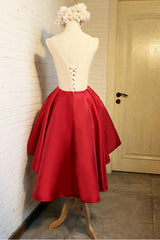 Prom Dresses For Blondes, A Line Red Appliques Lace High Low Lace Up Satin Scoop Homecoming Dresses