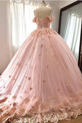 Wedding Dresses Simple Lace, Quince Dresses Pink Ball Gowns Off the Shoulder Wedding Dress