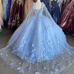 Prom Dresses White And Gold, 3D Flowers Tulle Sweetheart Ball Gown Quinceanera Dresses Purple With Cape