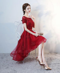 Formal Dress Inspo, Burgundy Lace High Low Short Prom Dress, Lace Evening Dress