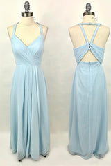 Prom Dressed 2038, Halter Light Blue Chiffon A-line Long Bridesmaid Dress