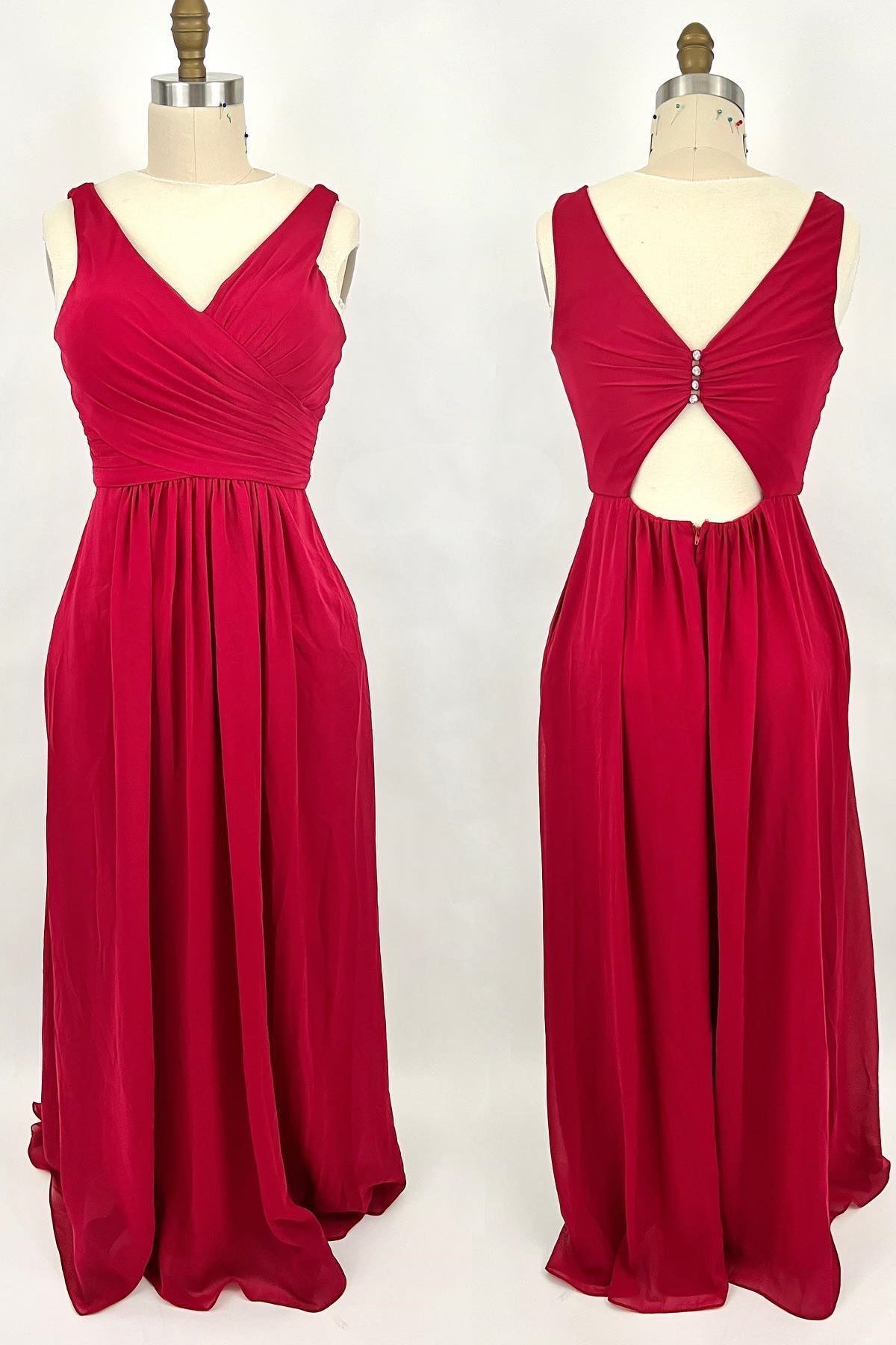Mini Dress, Ruched Red V Neck A-line Long Bridesmaid Dress