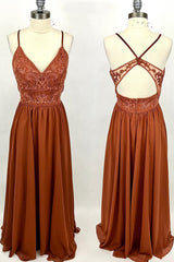 Wedding Dress, Rust Orange Lace and Chiffon A-line Long Bridesmaid Dress