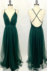 Prom Dress Prom Dress, Straps Dark Green Tulle A-line Full Length Bridesmaid Dress