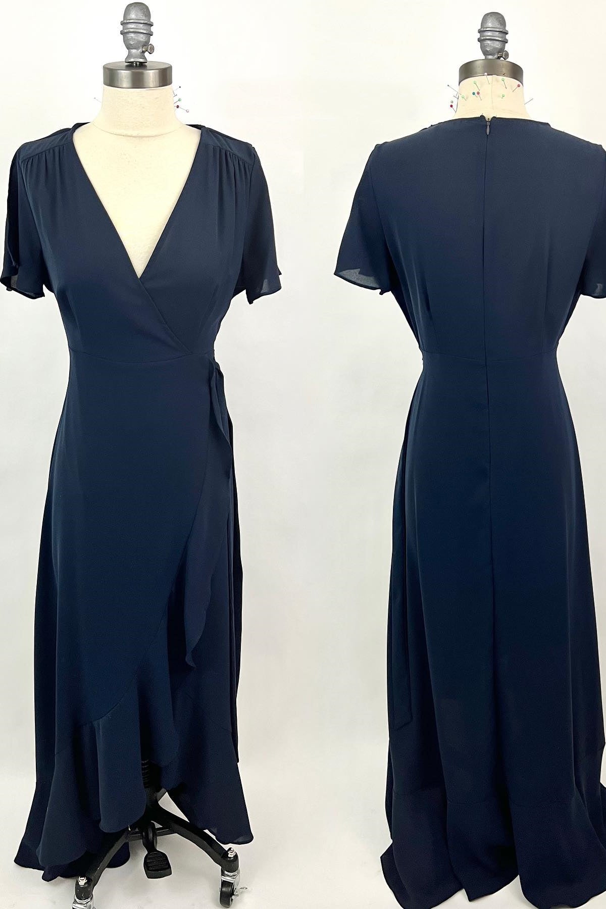 Prom Dresses With Sleeve, Short Sleeves Navy Blue Chiffon A-line Long Bridesmaid Dress