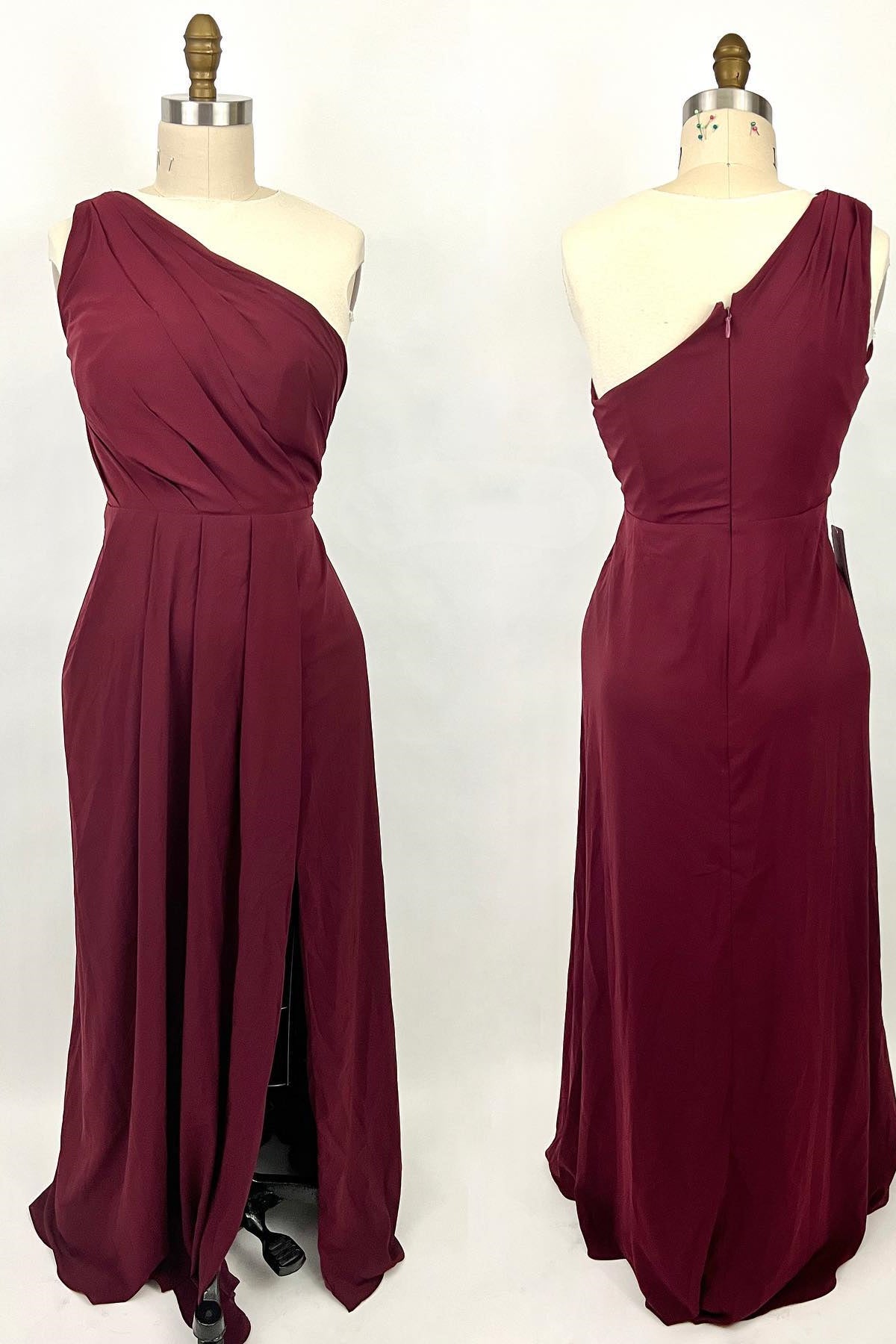 Cocktail Dress, Ruched Wine Red One Shoulder A-line Long Bridesmaid Dress
