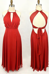 Prom Dresses 3 18 Sleeves, Scoop Red A-line Chiffon Long Bridesmaid Dress with Open Back