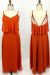 Prom Dress Shopping, Straps Flounce Orange Chiffon Long Bridesmaid Dress
