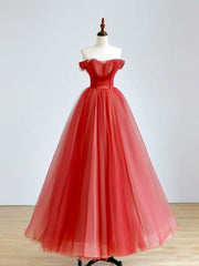 Short Wedding Dress, Red A-Line Long Prom Dress, Red Tulle Formal Graduation Dresses