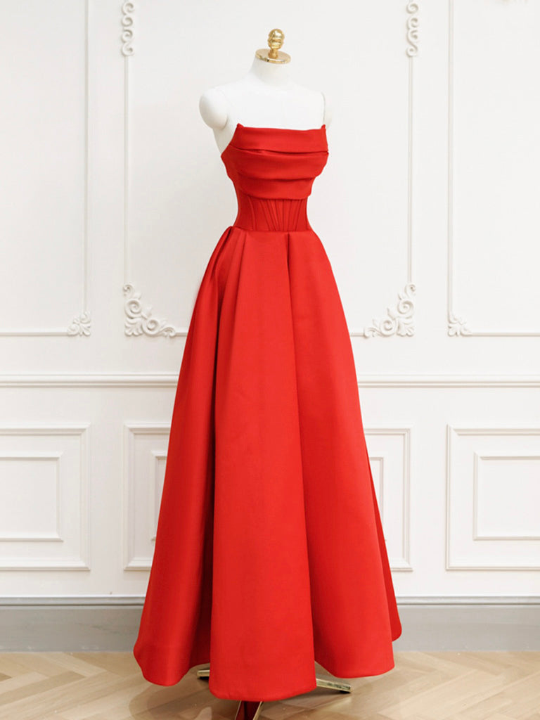 Prom Dresses Long Open Back, Red A-Line Satin Long Prom Dress, Red Long Formal Dress