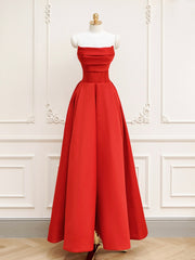 Prom Dress Silk, Red A-Line Satin Long Prom Dress, Red Long Formal Dress