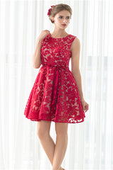 Party Dress Miami, Red A-line Sleeveless Short Lace Homecoming Dresses