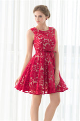 Party Dresses Miami, Red A-line Sleeveless Short Lace Homecoming Dresses
