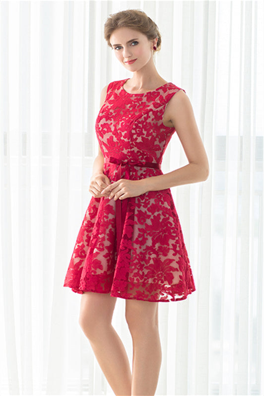 Party Dresses For Christmas Party, Red A-line Sleeveless Short Lace Homecoming Dresses