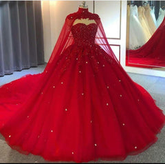 Wedsing Dresses Lace, Red Ball Gown Wedding Dresses Crystals Sweet 16 Quinceanera Dress,Prom Dress with Train