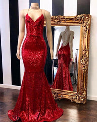 Bridesmaids Dresses Sale, Red Halter Sequins Sparkle Evening Gowns Sexy Mermaid Dresses Long Maxi Dress