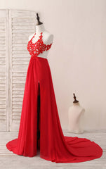 Homecoming Dresses Laces, Red Hight Neck Chiffon Lace Applique Long Prom Dress, Red Formal Dress