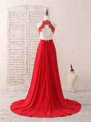 Homecoming Dresses Silk, Red Hight Neck Chiffon Lace Applique Long Prom Dress, Red Formal Dress
