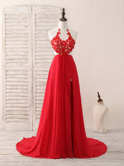 Homecomming Dresses Lace, Red Hight Neck Chiffon Lace Applique Long Prom Dress, Red Formal Dress