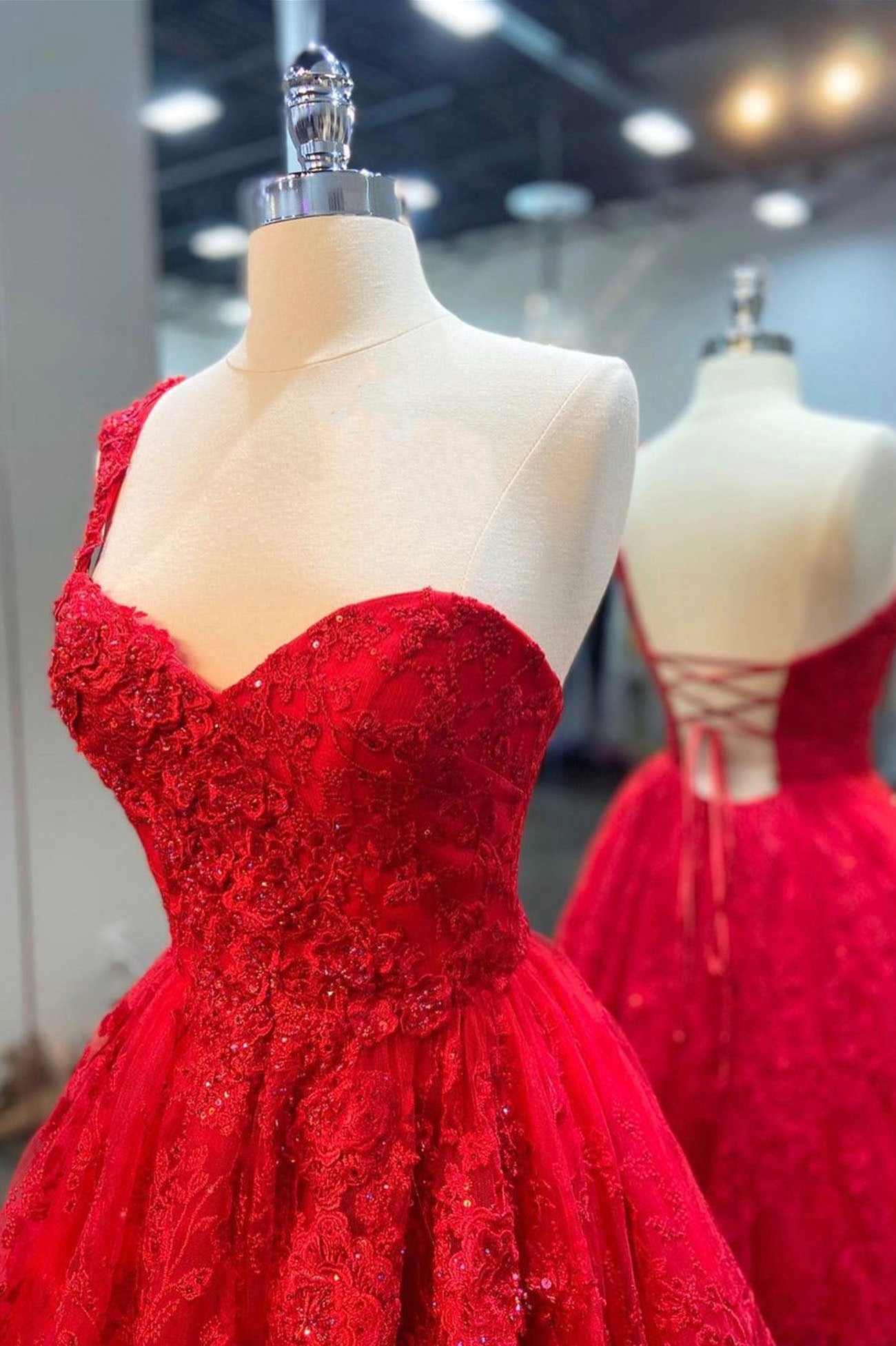 Party Dresses Pink, Red Lace Long A-Line Prom Dress, One Shoulder Evening Dress