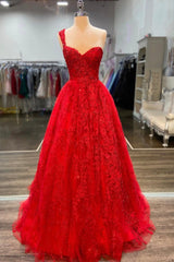 Party Dress White, Red Lace Long A-Line Prom Dress, One Shoulder Evening Dress