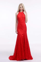 Prom Dress Green, Red Lace Mermaid Halter Backless Long Prom Dresses