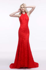 Prom Dresses Outfits Fall Casual, Red Lace Mermaid Halter Backless Long Prom Dresses