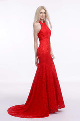 Prom Dress Silk, Red Lace Mermaid Halter Backless Long Prom Dresses