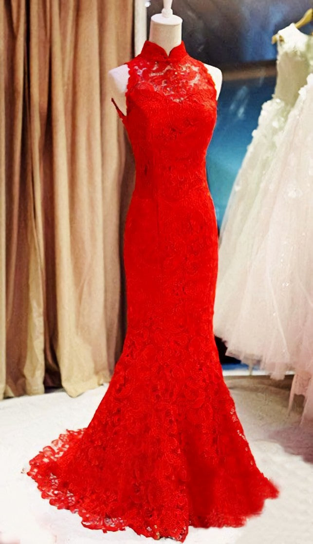Bridesmaid Dresses Formal, Red Lace Mermaid Long Formal Gown, Red Bridesmaid Dress