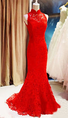 Bridesmaid Dresses Formal, Red Lace Mermaid Long Formal Gown, Red Bridesmaid Dress
