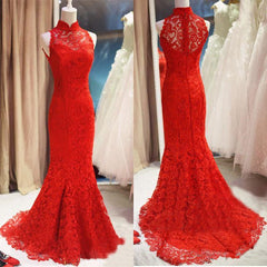 Bridesmaid Dresses Elegant, Red Lace Mermaid Long Formal Gown, Red Bridesmaid Dress